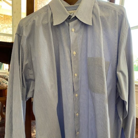 ALFANI * BLUE WHITE Stripe DRESS SHIRT * cufflinks * Chest Pocket * 16.5 * 32-33 - Picture 1 of 11